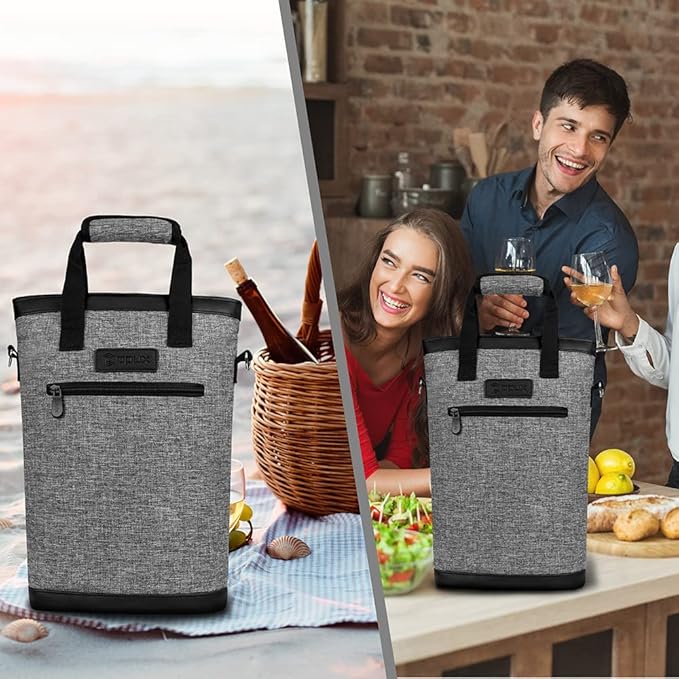 opux Two Bottle Wine Bag Carrier Tote, Insulated Leakproof 2 Bottle Wine Cooler Bag for Travel BYOB Picnic, Portable Wine Case, Gift for Men Women Wine Lover Birthday Party Christmas, Heather Grey
