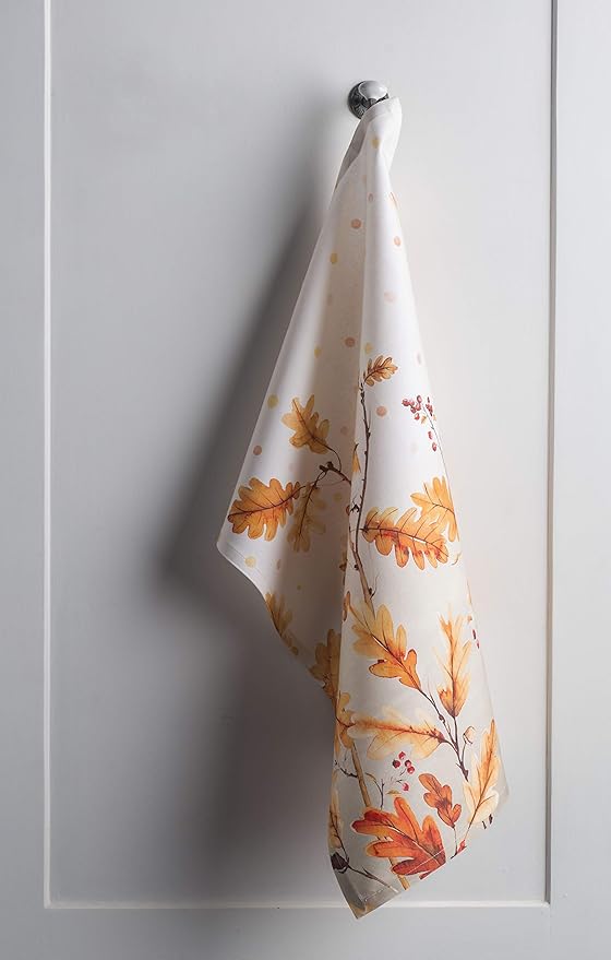Maison d' Hermine Kitchen Towels Set of 3 100% Cotton 20" x 27.5" Reusable Cloth Tea Dish Towels Absorbent with Hanging Loop for Kitchen Dining Thanksgiving Christmas Decorations (Oak Leaves)