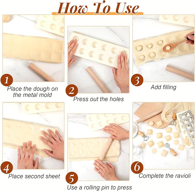 Tioncy 9 Pcs Pasta Making Tool Ravioli Gnocchi Maker Set Include Ravioli Mold Wooden Cutter Rolling Pin Gnocchi Board Wood Stick Dough Scraper Pasta Stamps(Pattern Style)