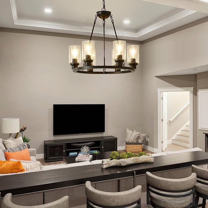 24“ Black Wagon Wheel Chandelier, 6-Light Farmhouse Glass Pendant Lights Kitchen Island Round Hanging Lighting fixtures Ceiling for Living Room, Dining Room, Kitchen Island, Entryway, Foyer