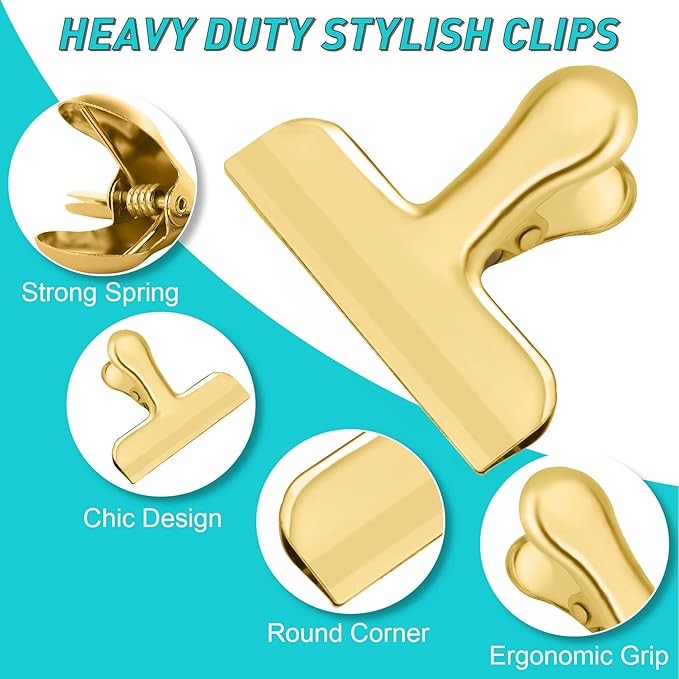 Funfery 8 Pack 3 Inch Stainless Steel Gold Chip Clips Bag Clips Large Clip for Food Packages,Strong Kitchen Food Clip for Snack,Chips,Home&Office Paper Heavy Duty