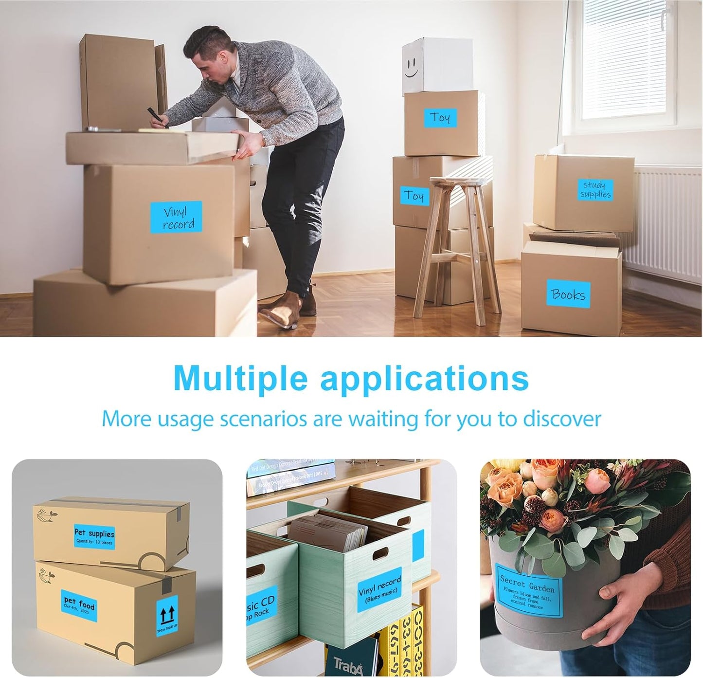 3 x 5 inch Home Moving Box Labels for Storage Bins 300pcs Colored Blank Label Sticker for Shipping Thermal Printer Color Coding Rectangle Moving Labels for Packing Boxes Sky Blue