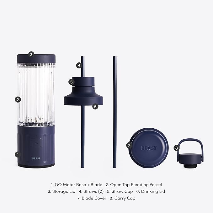 Beast GO Cordless, Premium Portable Blender for Shakes & Smoothies, 22oz Blending Vessel, Blends Ice & Frozen Fruit, Rechargeable USB-C Battery, Drinking Lid and Straw System (Navy)