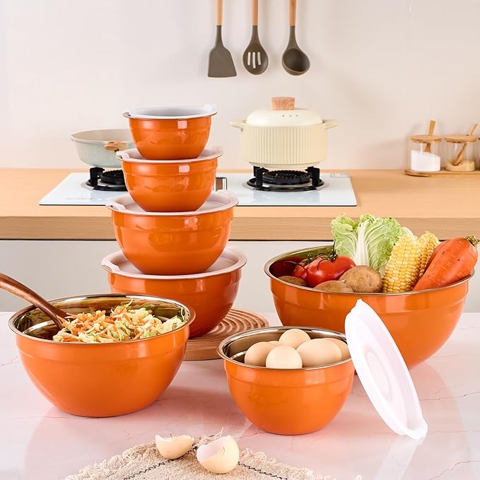 Orange Mixing Bowls with Airtight Lids, Stainless Steel Nesting Mixing Bowls Set of 7, Ideal for Baking, Prepping and Serving Food, Size 7, 3.6, 2.7, 2.1, 1.5, 1.1,0.8 QT, Stackable Design