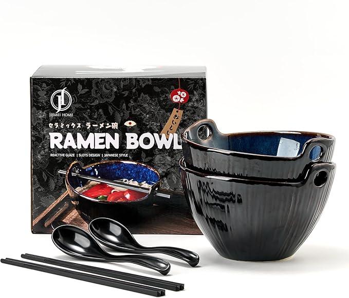 Ramen Bowl with Chopsticks and Spoons Set, 7 Inch Ceramic Noodle Bowl Set of 2, Dishwasher Safe for Pho Udon Soba Noodle Salad Pasta, Special Reactive Glazed Dark Blue Bowls Set