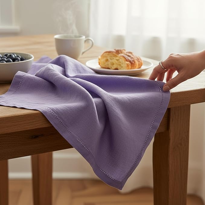 Hemstitched Linen Napkins – 20 Inch x 20 Inch – Stonewashed Pure Linen Cloth Dinner Napkins with Mitered Corners - 100% French Flax – Machine Washable - Set of 4 (Dusty Pastel Purple)