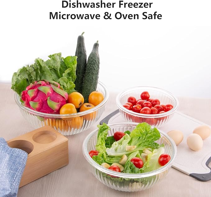 WhiteRhino Glass Mixing Bowls with Lids Set of 3(3.7QT, 2.1QT, 1.1QT),Large Kitchen Salad Bowls, Space-Saving Nesting Bowls, Clear Glass Serving Bowls for Cooking,Baking,Prepping,Dishwasher Safe