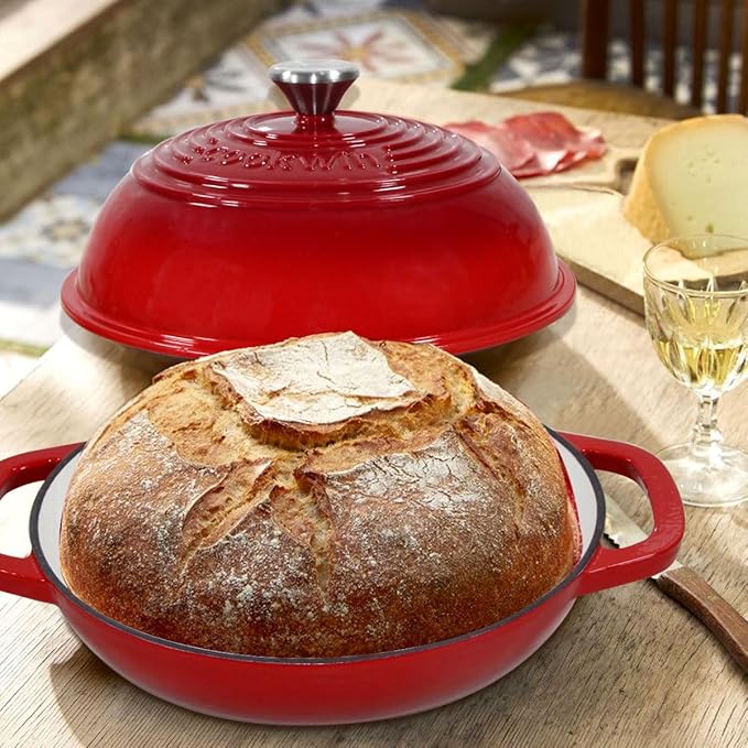 Enameled Cast Iron Dutch Oven with Lid,11”Dutch Oven for Homemade Bread,6 Quart Bread Pans,Bread Oven for Sourdough Bread Baking-with Silicone Baking Mat,Red Thick Enamel Bread Pan-Gifts for Family