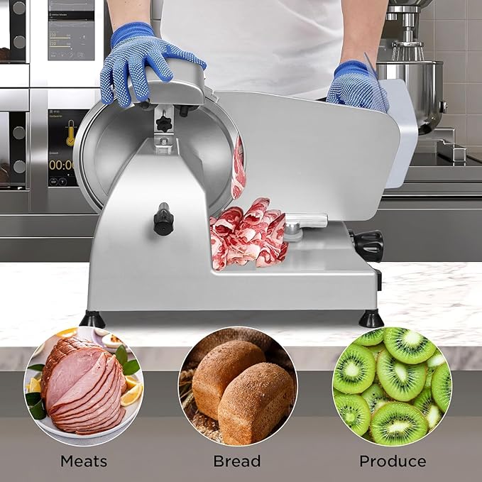 10" Commercial Meat Slicer, 340W, Electric Deli Slicer with Adjustable Thickness, Stainless Steel Blade, Built-in Sharpener, Removable Blade for Easy Cleaning