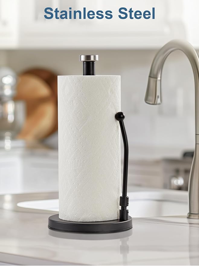 SMARTAKE Paper Towel Holder, Paper Towel Dispenser Standing Weighted Base Non Slip, Spring Arm Fit Most Size Paper Roll, Stainless Steel Paper Towel Holder for Home Kitchen Countertop Tabletop, Black