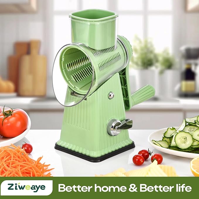 Xilrvna RotaryCheeseGrater,VegetableShredder 5 in 1 Cheese GraterwithHandleedderReinforcedSuction,EasytoClean,KitchenChopperforCrushedIce,Fruits and Nuts with Blade StorageCase(light green)