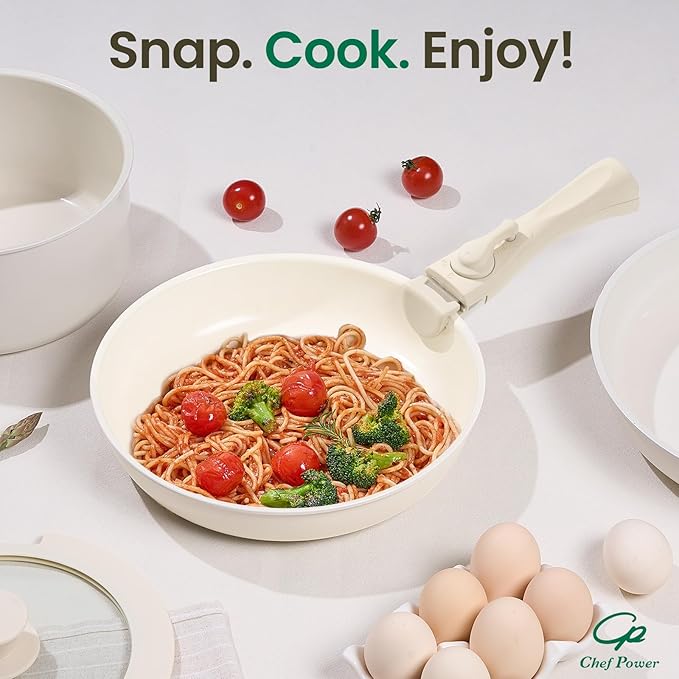 Chef Power Ceramic Nonstick Cookware Set 5 Piece with Detachable Handle, Induction Dishwasher Oven Safe Pans and Pots Set, RV Kicthen Set Removable Handle, Cream White