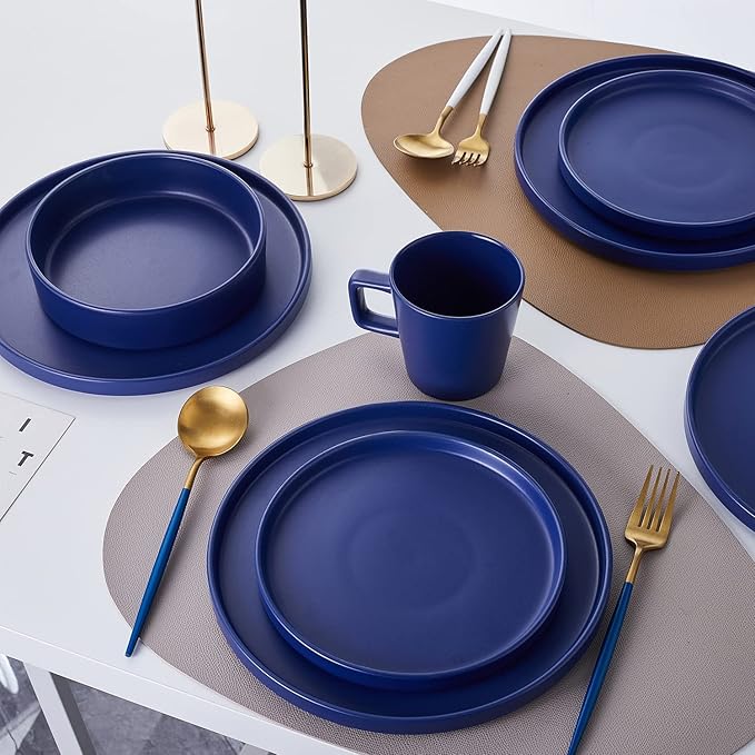Stone Lain Cleo Modern Stoneware 16-Piece Dinnerware Set, Plates and Bowls Set, Dish Set Service For 4, Blue