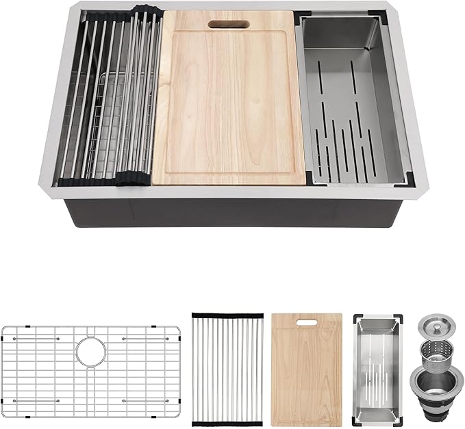 27 Inch Undermount Kitchen Sink Workstation 27x19x9 Inch Stainless Steel 16 Gauge Single Bowl Kitchen Sink Under Counter Sinks