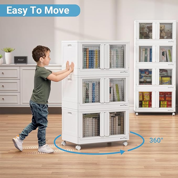 BROVIEW 400Qt Stackable Storage Bins with Lids, 100Gal Closet Organizers and Storage Drawer, Plastic Collapsible Storage Bins with Doors, Heavy Duty Store Box Cabinet for Home Kitchen, 4Pack White