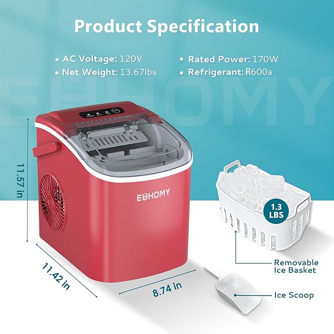 EUHOMY Countertop Ice Maker Machine with Handle, 26lbs Per Day, 9 Ice Cubes Ready in 6 Mins, Auto-Cleaning Portable Ice Maker with Basket and Scoop, for Home/Kitchen/Camping/RV (Red)