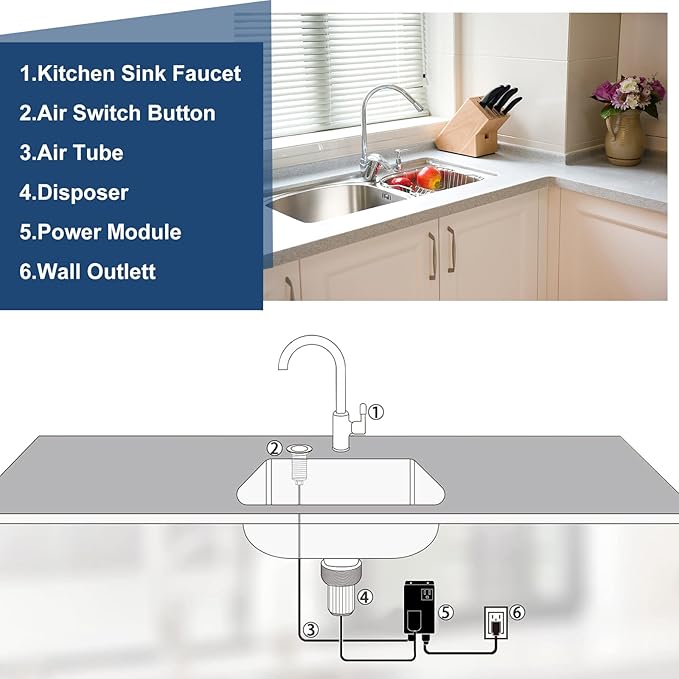 Garbage Disposal Air Switch Kit Dual Outlet Sink Top Waste Disposal On/off Stainless Steel Satin Nickel Button Extra Long Food and Waste Disposer, UL List(Gold)
