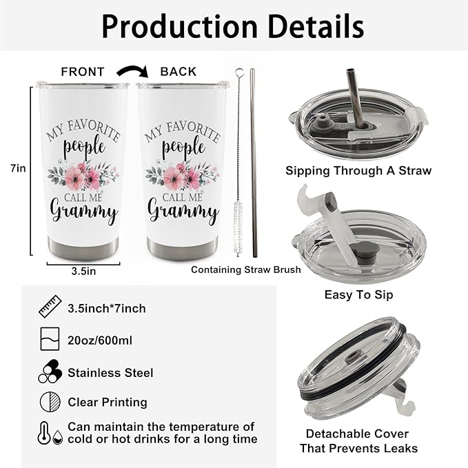QASHWEY Grammy Gifts Coffee Tumbler - Mothers Day Travel Tumbler Coffee Mug Gifts for GrandmaGrammy, Grandma Gift, My Favorite People Call Me Grammy Stainless Steel Tumblers with Straw and Lid 20 oz
