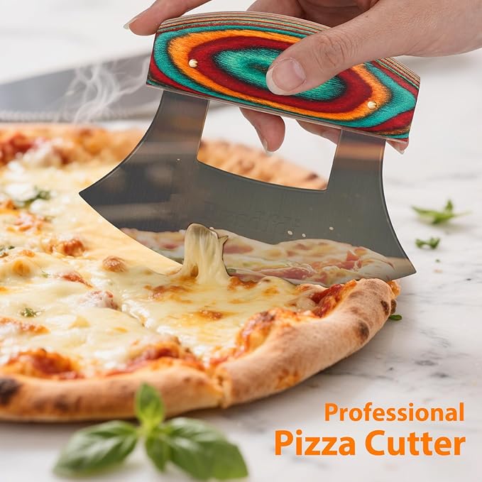 Pizza Cutter Rocker Knife, Sharp Ulu Knife with Wooden handle, Stainless Steel Blade Mincing Knives with Colored Wood Stand