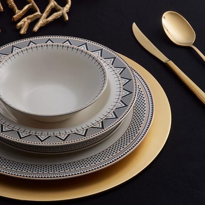Karaca Globe 24-Piece Dinnerware Set for 6 People - Kitchen Dish Set for Salad, Soup, Pasta, Noodle & More - Modern Chic Porcelain Dishware Plate Set (White with Black Triangle Design)