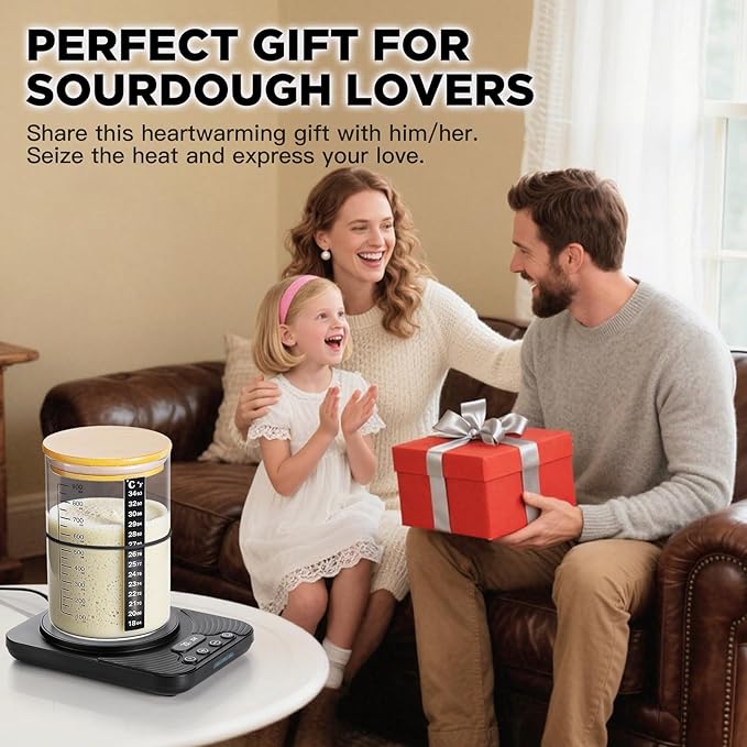 Sourdough Starter Warmer Kit with 34oz Glass Jar & Thermometer - 24H Timer Auto ON/OFF, 1°F Control (70-100°F), Smart Warming Memory, Sour Dough Bread Starter Heater Accessories, Home Baker Tool Gifts