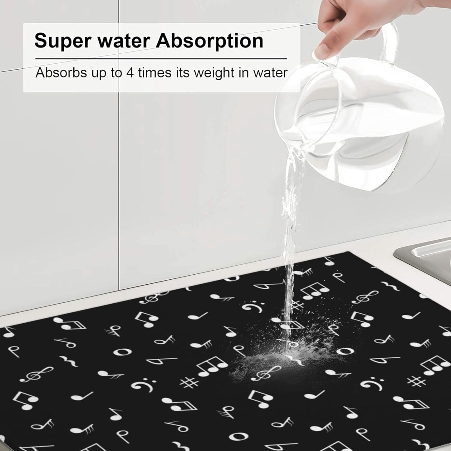 Musicial Kitchen Drying Mat Music Notes Microfiber Dish Drainer Mat for Kitchen Counter Absorbent Reusable Washable 18x24 Inch Black