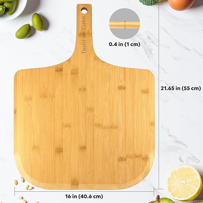 Pizza peel, 16" natural bamboo pizza paddle, Essential accessories for indoor Outdoor Ovens, baking homemade pizza, cutting board, Cheese, Serving Pizza, Bread, Cookies & More, Eco-Friendly & Durable