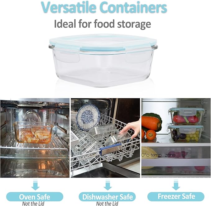 Glass Food Storage Containers with Lids Airtight 4 Pack, Glass Storage Containers with Lids for Food, Not Easy Broken & Leak Proof, Glass Containers with Lids for Oven/Dishwasher Safe, Blue