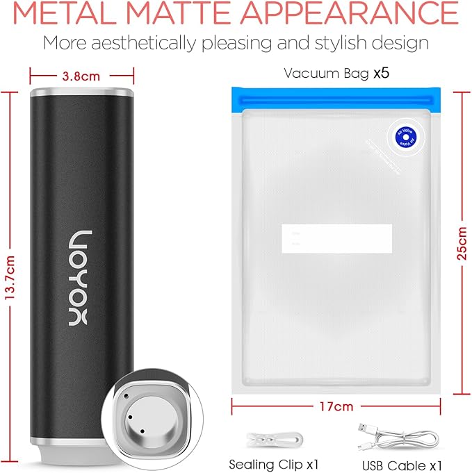 VOYOR Handheld Vacuum Sealer, Portable Vacuum Sealer Kit with Vacuum Bags Cordless Automatic Vacuum Pump for Food Preservation Type-C Charging and Long Lasting Food Vacuum (1 Pump+5 Bags)