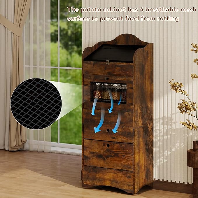 ARTETHYS Potato and Onion Storage Bin with Wheels Movable Bread Box with Lid Rustic Vegetable Organization Cabinet for Kitchen