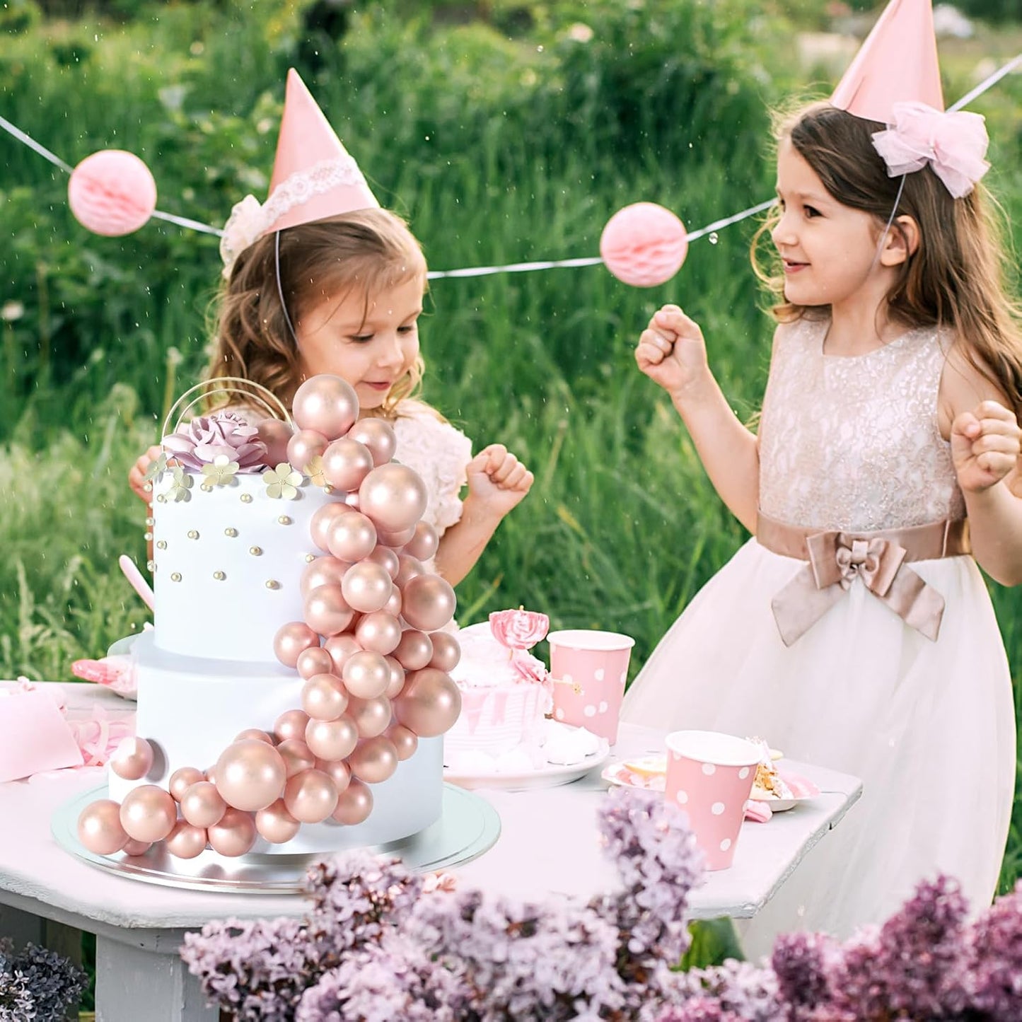 48 Pcs Balls Cake Topper Decorations Balloon Cupcake Toppers Foam Cake Topper Balls Cake Balls Decorations for Birthday Party Wedding Anniversary Cake Decorating (Rose Gold)