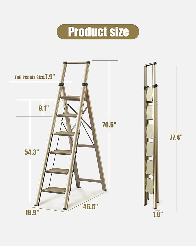 6 Step Ladder, Folding Step Stool with Handgrip and Anti-Slip Wide Pedal, Portable Lightweight Aluminum Stepladder for Kitchen, Home, Library, Office (300 lbs Capacity) - Gold