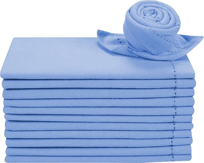 Bedding Craft Cotton Cloth Dinner Napkins Set of 12 – 18x18 Water Blue Hemstitched – Soft Durable Machine Washable Fabric Napkins for Weddings, Christmas, New Year & Everyday Dining