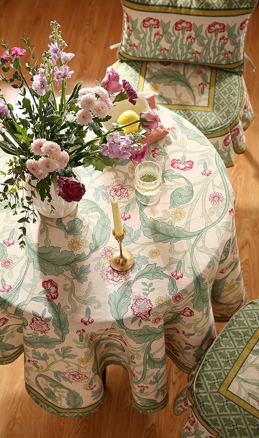 patdrea Designer Green Tablecloth for Round Tables,Vintage Linen with Leaves and Flowers Pattern Tablecloths,Farmhouse Floral Table Cover Cloth Decor for Kitchen Dining Christmas,Diameter 55"