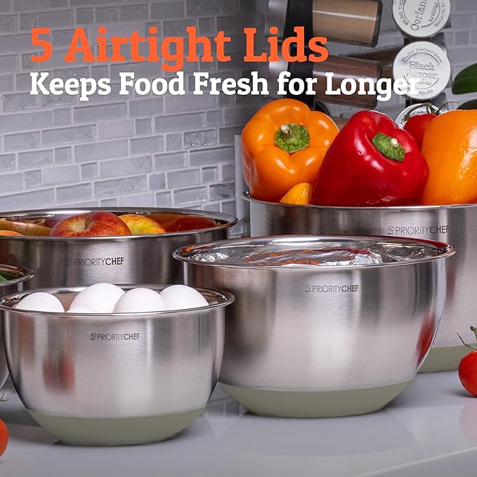 Priority Chef Premium Mixing Bowls With Lids Set, Airtight Lids, Thicker Stainless Steel, Non-Slip Base, 5 Nesting Steel Bowls for Kitchen, Large Prep Metal Bowl Set 1.5/2/3/4/5 Qt, Khaki