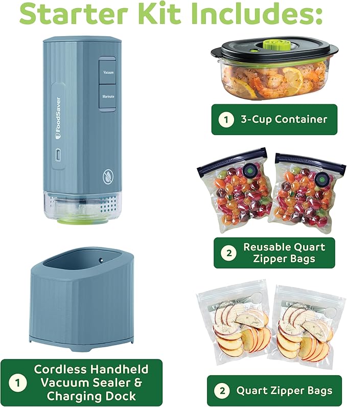 FoodSaver Mini Handheld Vacuum Sealer, Cordless, Vacuum Sealer with Charging Dock, Blue
