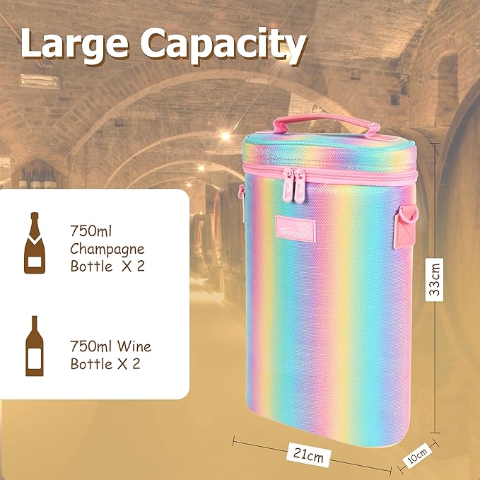 Tirrinia 2 Bottle Wine Gift Tote Carrier - Leakproof & Insulated Padded Versatile Wine Cooler Bag for Travel, BYOB Restaurant, Wine Tasting, Party, Dinner, Gift for Wine Lovers, Rainbow