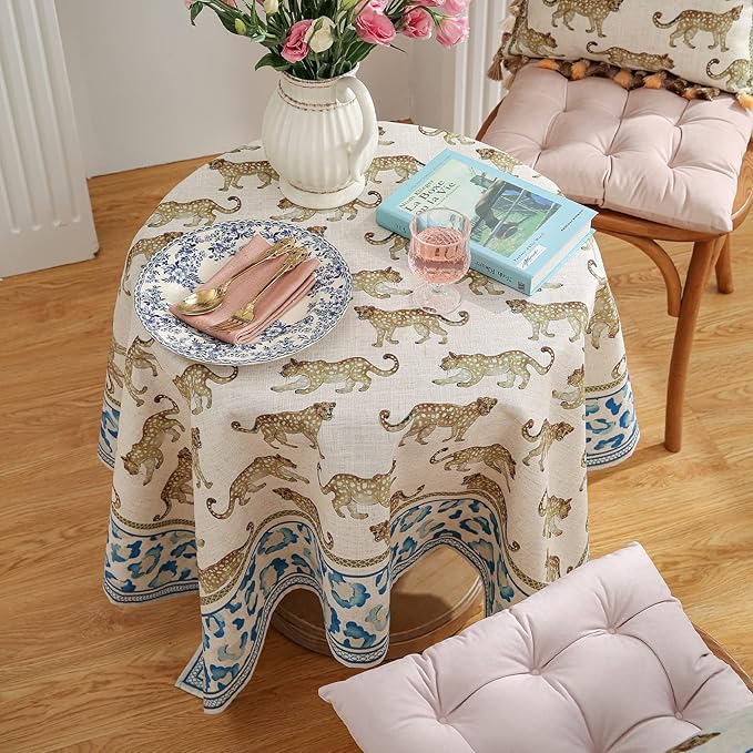 patdrea Leopard Animal Linen Table Cloth Soft Breathable Tabletop Cover Dacorative Kitchen Dining Tablecloth for Rectangular Tables for Kitchen Dining Parties,Holiday Christmas,67"x 118"