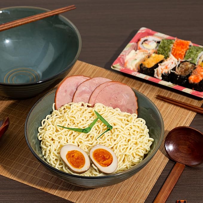 8 Inch Ceramic Ramen Bowl Set of 2, 40oz Japanese Bowls with Spoons & Chopsticks,Durable,Microwave & Dishwasher Safe,Perfect for Ramen,Pho,Salad,Soup,Noodles,Mixing bowls(Dark Teal)