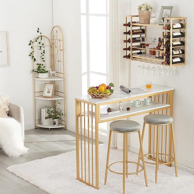 Wall Mounted Wine Rack with Glass Holder, Metal Bottle Holder Wine Storage Display Shelf for Home Bar Dining Room Kitchen (31.5 Inch, Gold)