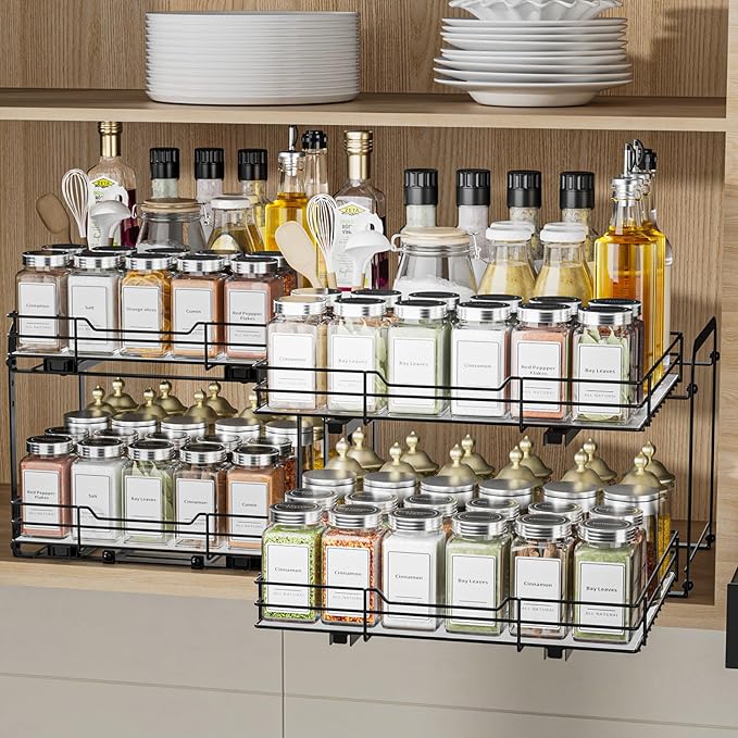 2-Tier Pull Out Spice Rack, Spice Rack Organizer, Pull Out Spice Racks for Inside Cabinets, Height Adjustable Heavy Duty Metal Basket for Inside Cabinet & Pantry (13.5''Wx10.5''Dx9.5''H)