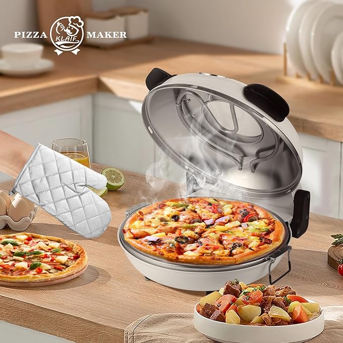 KLAIF 12" Electric Countertop Pizza Oven With Ceramic Stone, Dual Adjustable Temperature Controls, Includes 4 Pizza Tools (White)