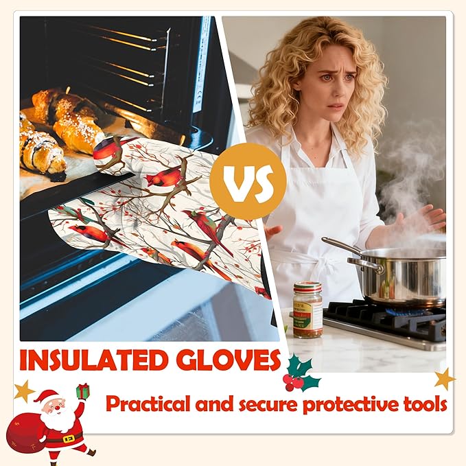 Oven Mitts Pot Holders Set 3 for Kitchen, Christmas Cardinal Insulation Oven Gloves Heat Resistant Pot Pads Cook Essentials Accessories for BBQ Baking Cooking Kitchen Decor Gifts for Women