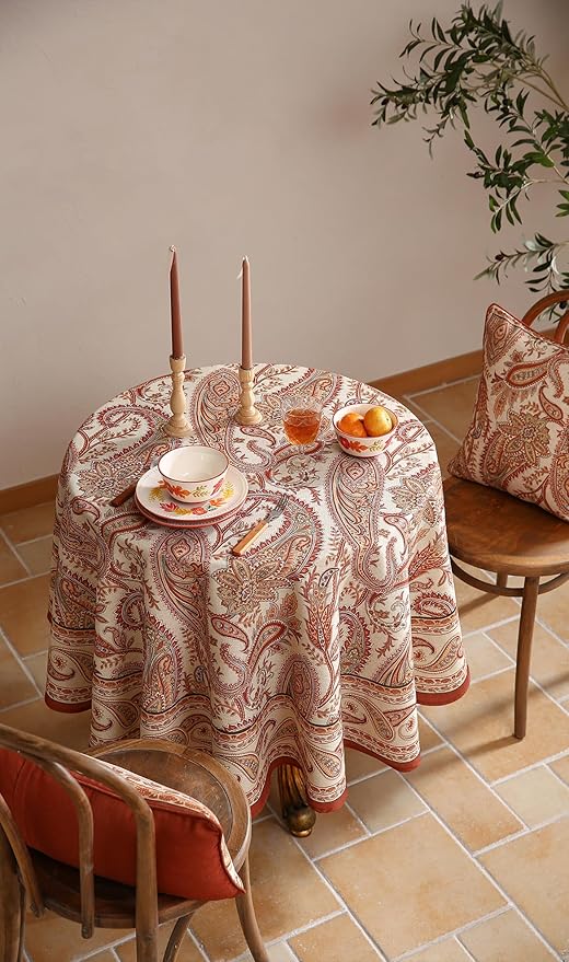 Design Linen Tablecloth for Round Tables,Paisley Style Table Cloth with Cashew Pattern,Heavy Durable Table Cover for Dining Thanksgiving Kitchen Decor Party Christmas,Diameter 67"