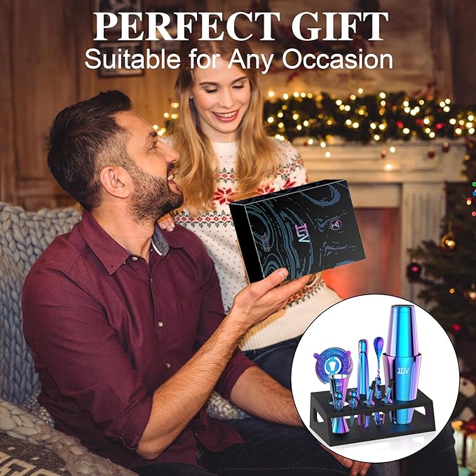 IOV Cocktail Shaker Set: 12-Piece Mixology Bartender Kit Bar Set | 18oz & 28oz Boston Shaker Drink Mixing Tools for Home with Recipe Booklet and Stand | Fun Housewarming Gift (Rainbow)