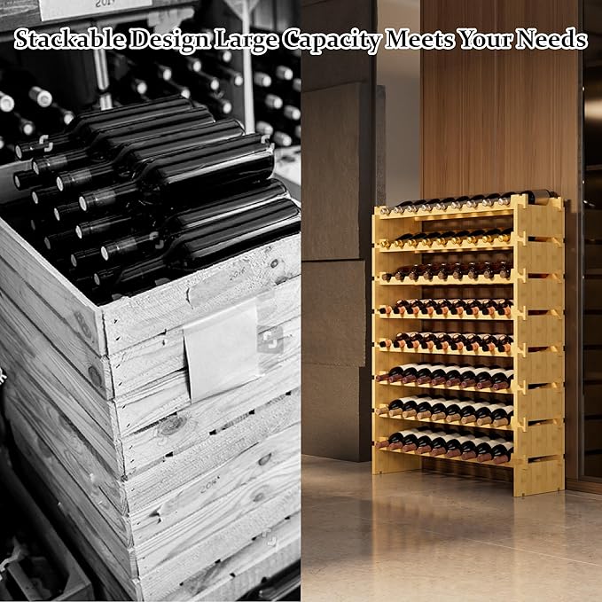 Bambloom Wine Rack Freestanding Floor, Wooden Stackable Bottle Storage Rack for Kitchen,Cellar. 72 Bottles Wine Holder Display Shelves for Champagne(Bamboo)