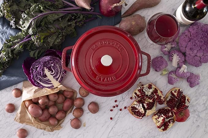 STAUB Cast Iron Dutch Oven 4-qt Round Cocotte, Made in France, Serves 3-4, Cherry