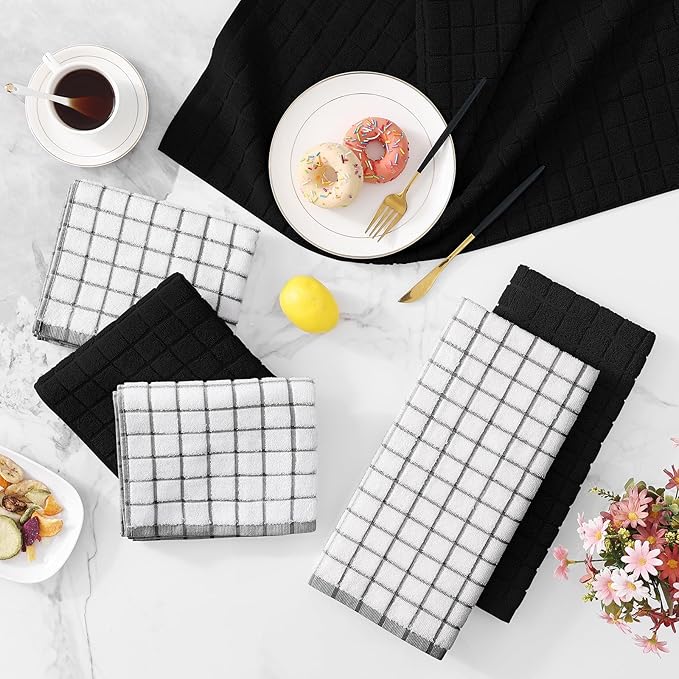 Homaxy Premium Cotton Kitchen Towels 16"x 28", Large Natural Ring Spun 390 GSM Dish Towels, Super Absorbent Terry Kitchen Hand Towels, Soft Tea Towel with Hanging Loop, Black Check Design, 8 Pack