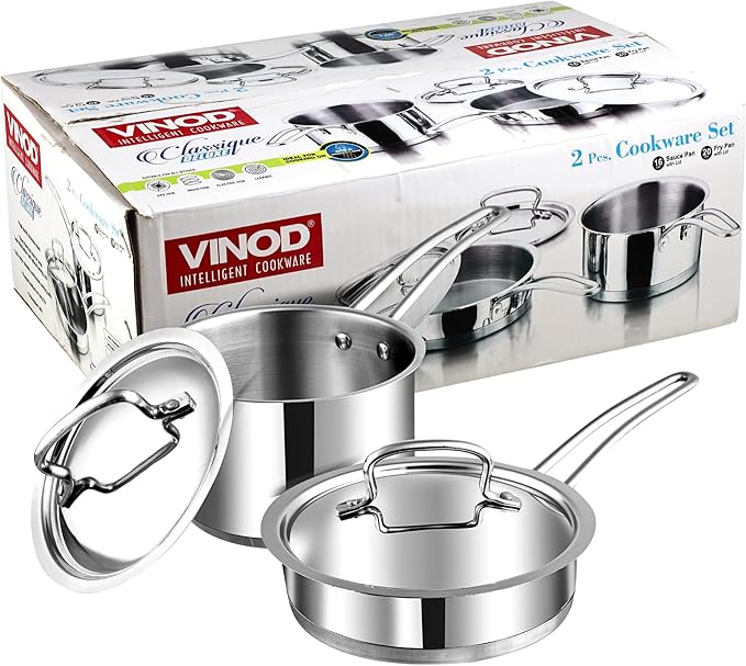 Vinod Classique Deluxe 2-Pc Stainless Steel Cookware Set – 16 cm Saucepan & 20 cm Frypan, Extra-Deep Design, Riveted Handles, Induction & Gas Compatible, Dishwasher Safe
