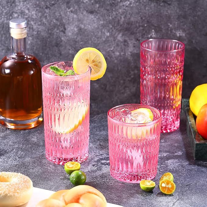 Glassware Drinking Glasses Set of 8, 14 oz Highball Glasses & 10 oz Ribbed Glass Cups, Vintage Glassware for Water, Juice, Cocktail, Whiskey (Pink)